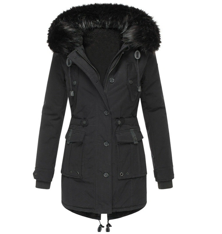 Women Hooded Fur Collar Medium Length Warm Jacket with Multiple Pockets Black