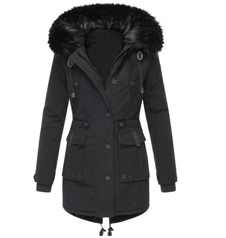 Women Hooded Fur Collar Medium Length Warm Jacket with Multiple Pockets Black - Click Image to Close