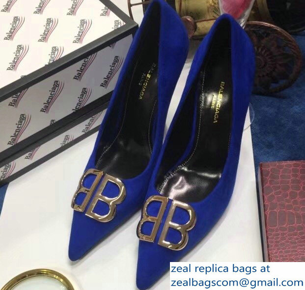 Balenciaga Heel 10cm Pointed Toe BB Pumps Blue 2018