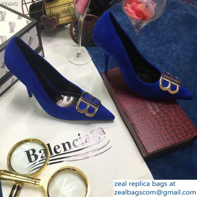 Balenciaga Heel 10cm Pointed Toe BB Pumps Blue 2018