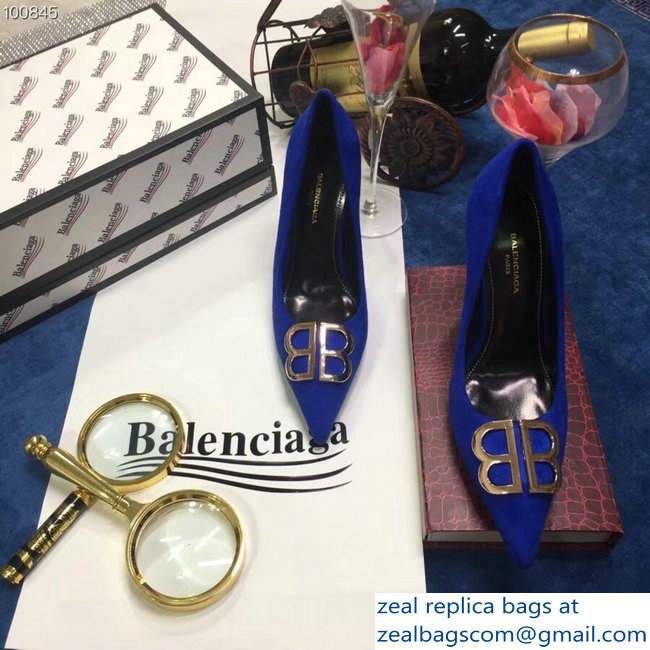 Balenciaga Heel 10cm Pointed Toe BB Pumps Blue 2018