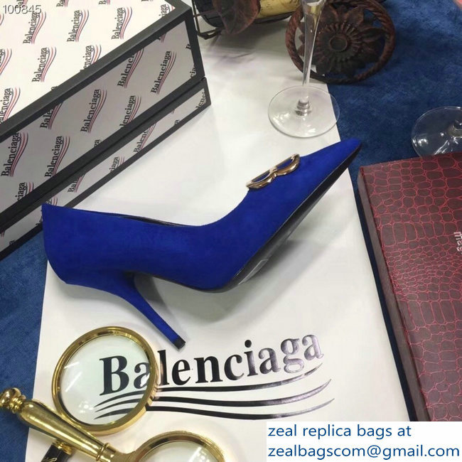 Balenciaga Heel 10cm Pointed Toe BB Pumps Blue 2018