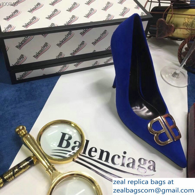 Balenciaga Heel 10cm Pointed Toe BB Pumps Blue 2018