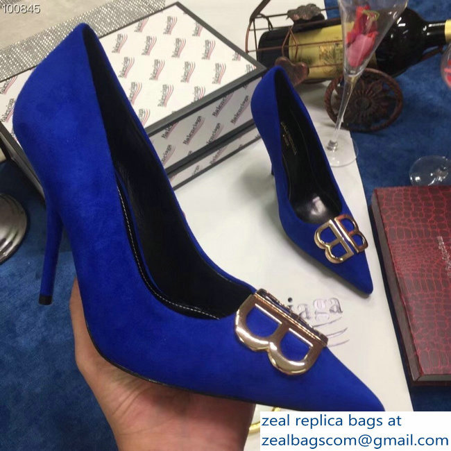 Balenciaga Heel 10cm Pointed Toe BB Pumps Blue 2018