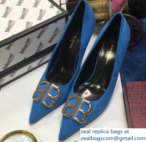 Balenciaga Heel 10cm Pointed Toe BB Pumps Denim Blue 2018