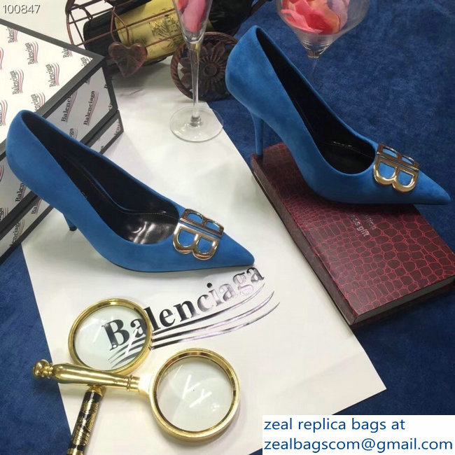Balenciaga Heel 10cm Pointed Toe BB Pumps Denim Blue 2018