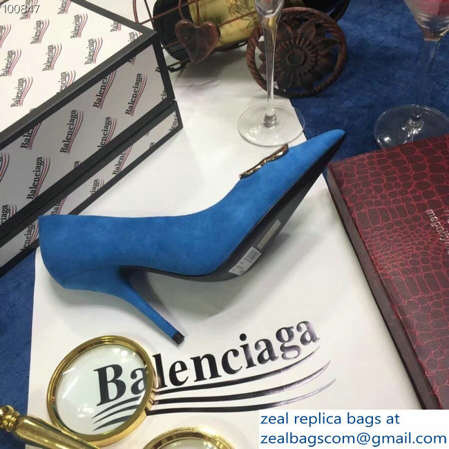 Balenciaga Heel 10cm Pointed Toe BB Pumps Denim Blue 2018