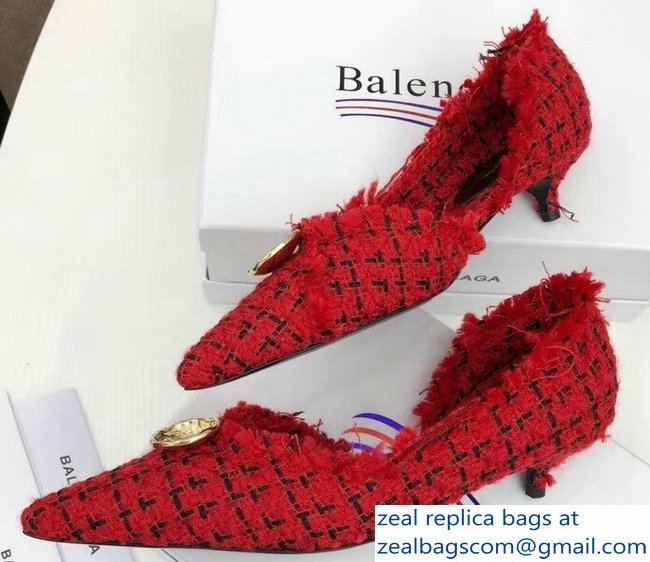 Balenciaga Heel 3.5cm Pointed Toe TweedKnife Pumps Red 2018
