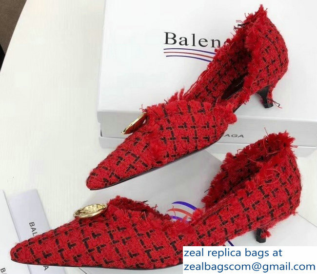 Balenciaga Heel 3.5cm Pointed Toe TweedKnife Pumps Red 2018 - Click Image to Close