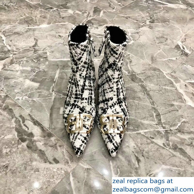 Balenciaga Heel 4cm Pointed Toe BB Booties Tweed Black/White 2018