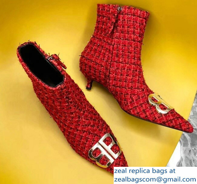 Balenciaga Heel 4cm Pointed Toe BB Booties Tweed Red 2018 - Click Image to Close