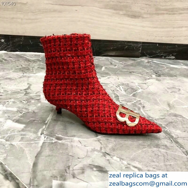 Balenciaga Heel 4cm Pointed Toe BB Booties Tweed Red 2018