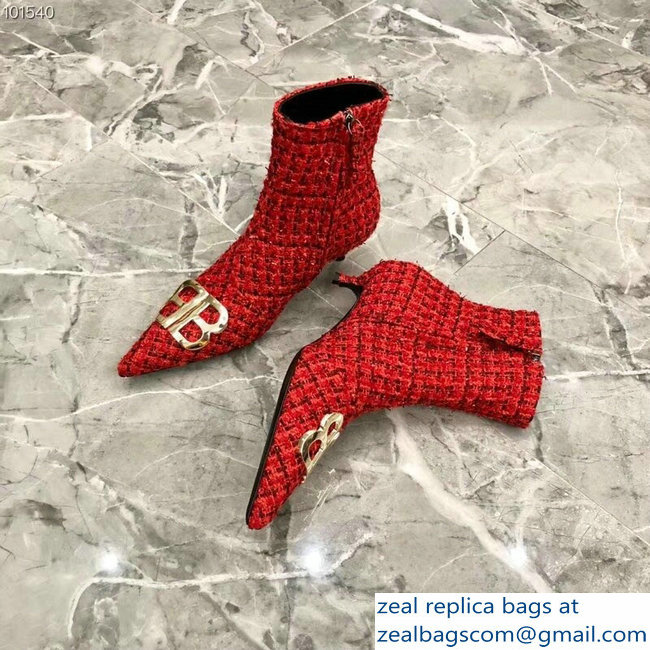 Balenciaga Heel 4cm Pointed Toe BB Booties Tweed Red 2018 - Click Image to Close