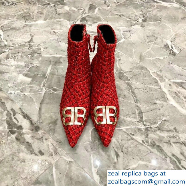 Balenciaga Heel 4cm Pointed Toe BB Booties Tweed Red 2018 - Click Image to Close