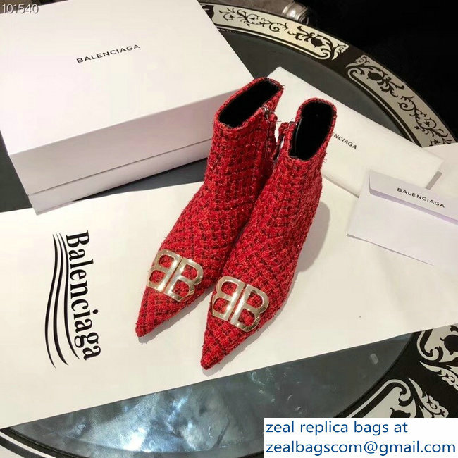 Balenciaga Heel 4cm Pointed Toe BB Booties Tweed Red 2018 - Click Image to Close