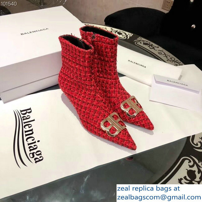 Balenciaga Heel 4cm Pointed Toe BB Booties Tweed Red 2018