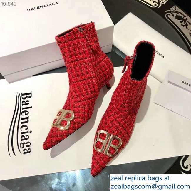 Balenciaga Heel 4cm Pointed Toe BB Booties Tweed Red 2018 - Click Image to Close