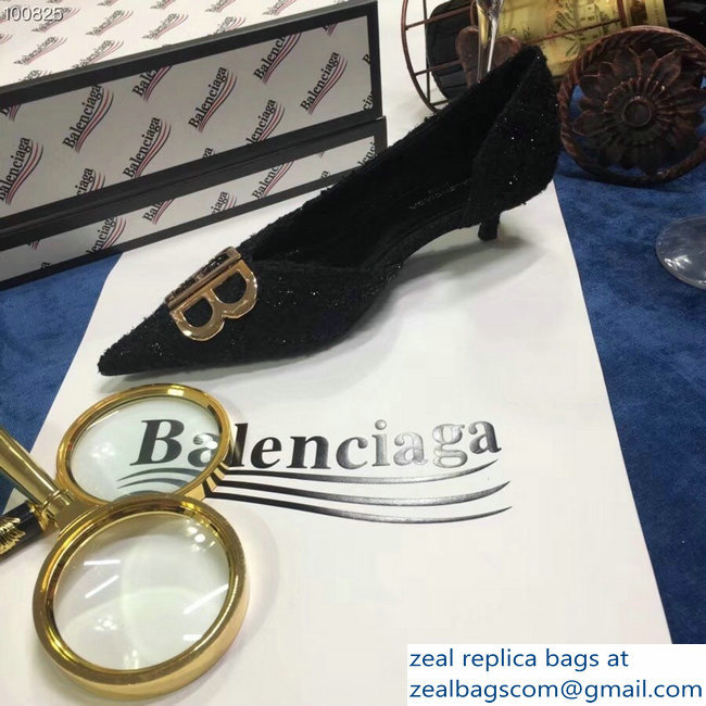 Balenciaga Heel 4cm Pointed Toe BB Pumps Tweed Black 2018 - Click Image to Close