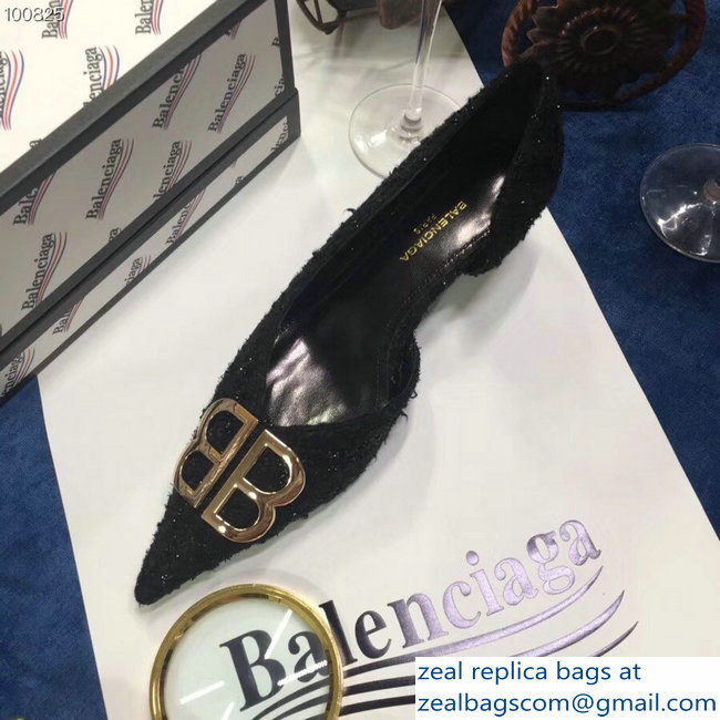 Balenciaga Heel 4cm Pointed Toe BB Pumps Tweed Black 2018 - Click Image to Close