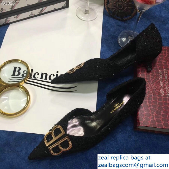 Balenciaga Heel 4cm Pointed Toe BB Pumps Tweed Black 2018 - Click Image to Close