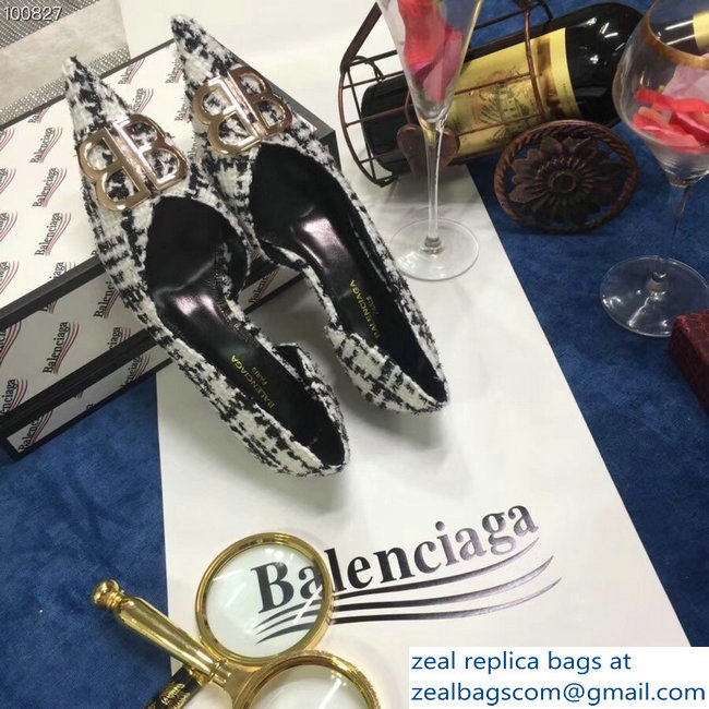 Balenciaga Heel 4cm Pointed Toe BB Pumps Tweed Black/White 2018 - Click Image to Close