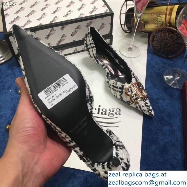 Balenciaga Heel 4cm Pointed Toe BB Pumps Tweed Black/White 2018 - Click Image to Close