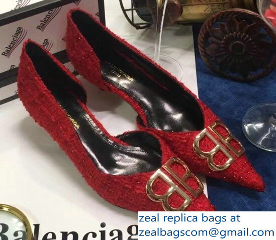 Balenciaga Heel 4cm Pointed Toe BB Pumps Tweed Red 2018 - Click Image to Close