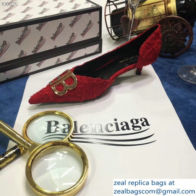 Balenciaga Heel 4cm Pointed Toe BB Pumps Tweed Red 2018