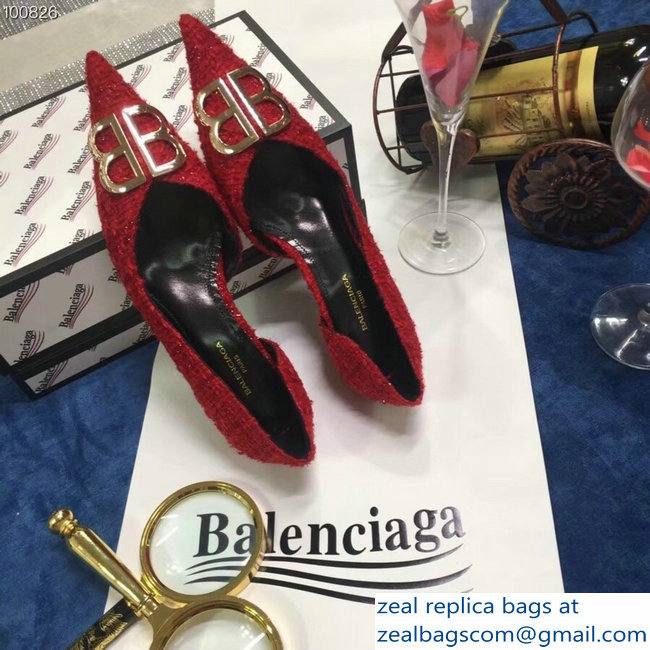 Balenciaga Heel 4cm Pointed Toe BB Pumps Tweed Red 2018 - Click Image to Close