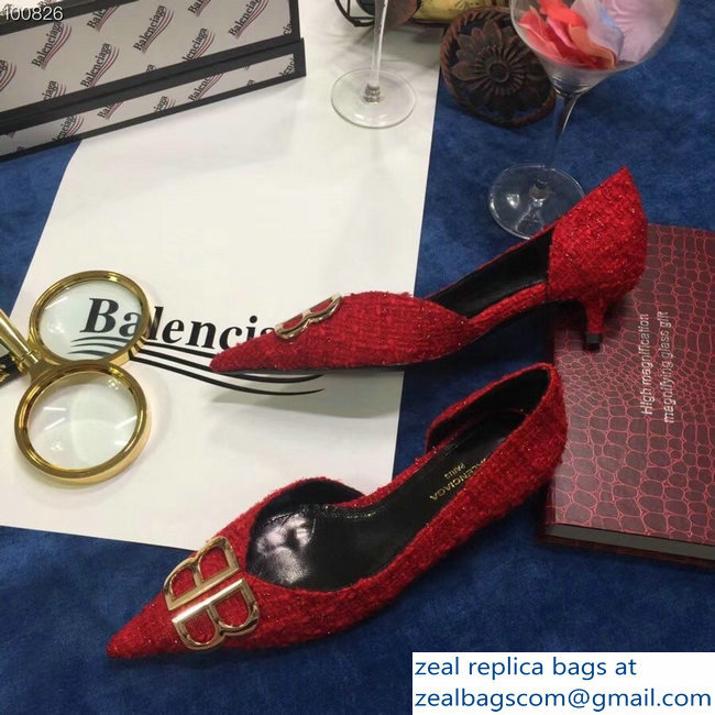 Balenciaga Heel 4cm Pointed Toe BB Pumps Tweed Red 2018