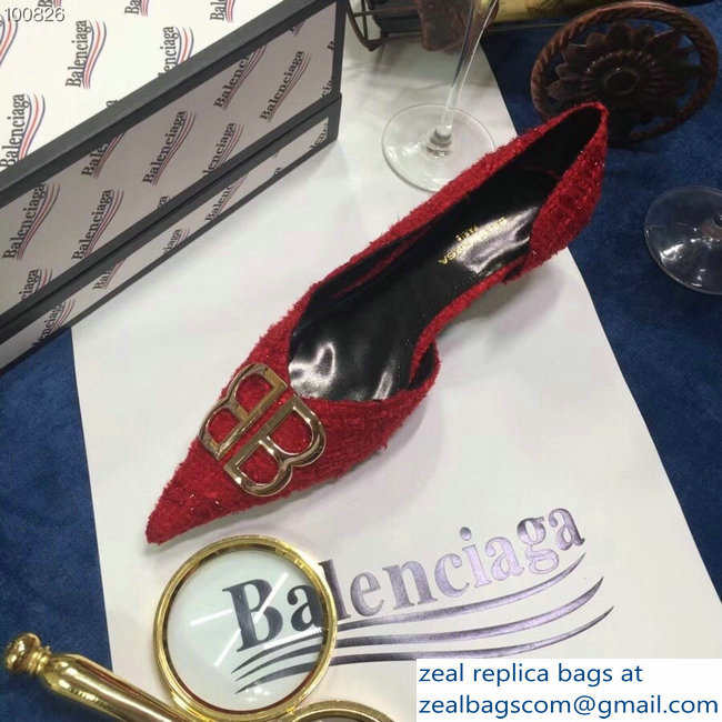Balenciaga Heel 4cm Pointed Toe BB Pumps Tweed Red 2018 - Click Image to Close