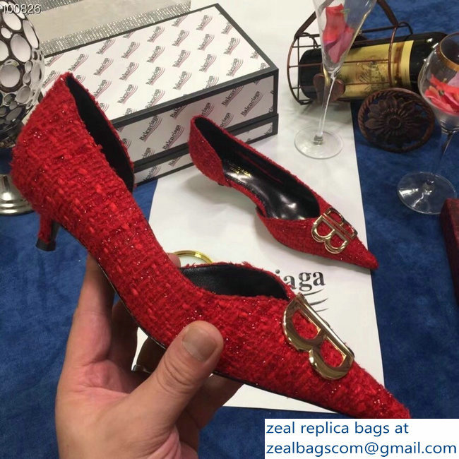 Balenciaga Heel 4cm Pointed Toe BB Pumps Tweed Red 2018 - Click Image to Close