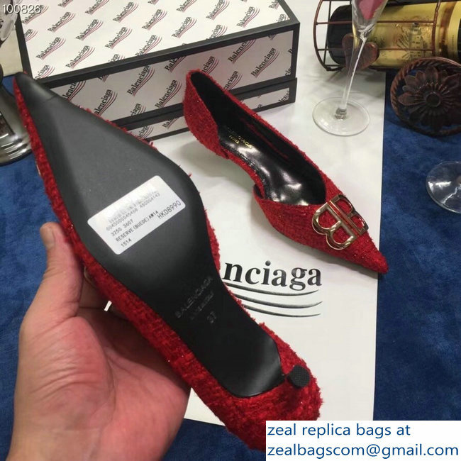 Balenciaga Heel 4cm Pointed Toe BB Pumps Tweed Red 2018 - Click Image to Close