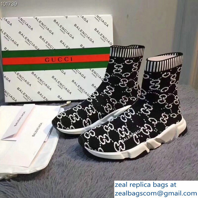 Balenciaga x Gucci GG Knit Sock Speed Trainers Lovers Sneakers Black 2018 - Click Image to Close