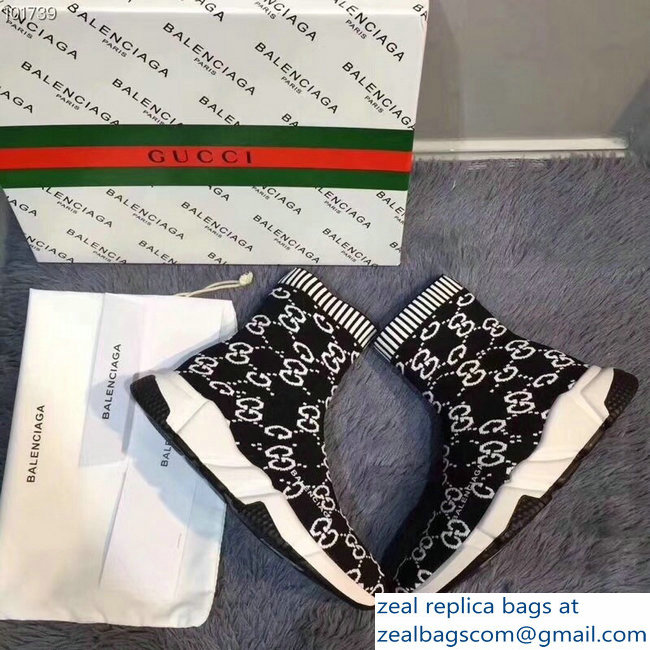 Balenciaga x Gucci GG Knit Sock Speed Trainers Lovers Sneakers Black 2018 - Click Image to Close