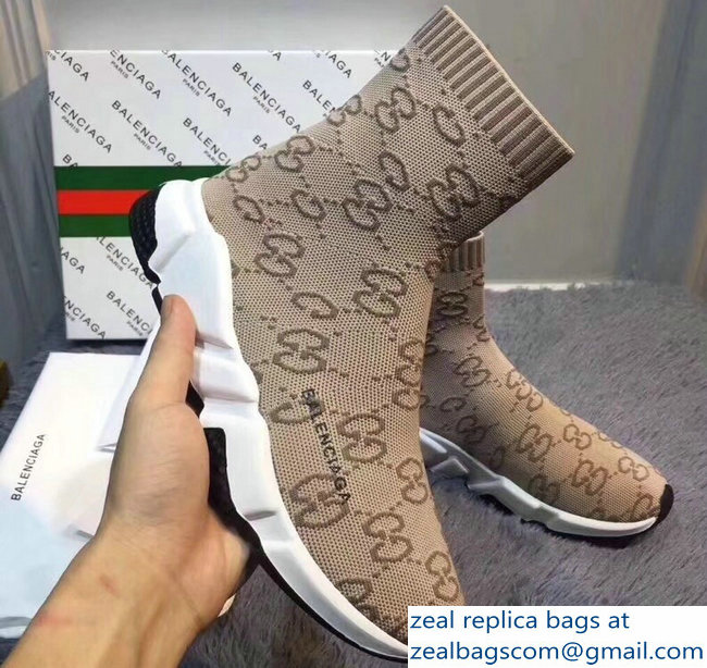 Balenciaga x Gucci GG Knit Sock Speed Trainers Lovers Sneakers Light Brown 2018 - Click Image to Close