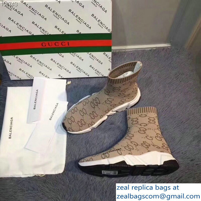 Balenciaga x Gucci GG Knit Sock Speed Trainers Lovers Sneakers Light Brown 2018 - Click Image to Close