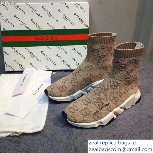 Balenciaga x Gucci GG Knit Sock Speed Trainers Lovers Sneakers Light Brown 2018 - Click Image to Close