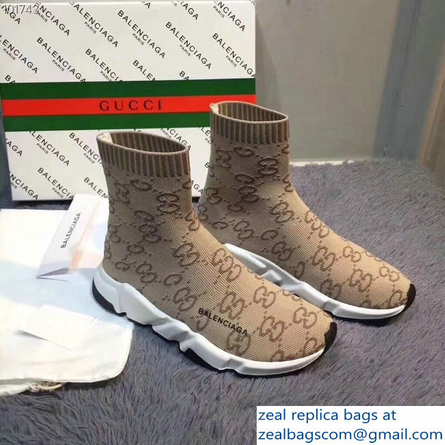 Balenciaga x Gucci GG Knit Sock Speed Trainers Lovers Sneakers Light Brown 2018