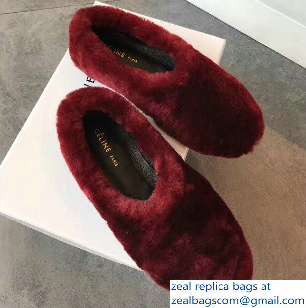 Celine Cosy Slipper Flats In Shearling Burgundy 2018 - Click Image to Close