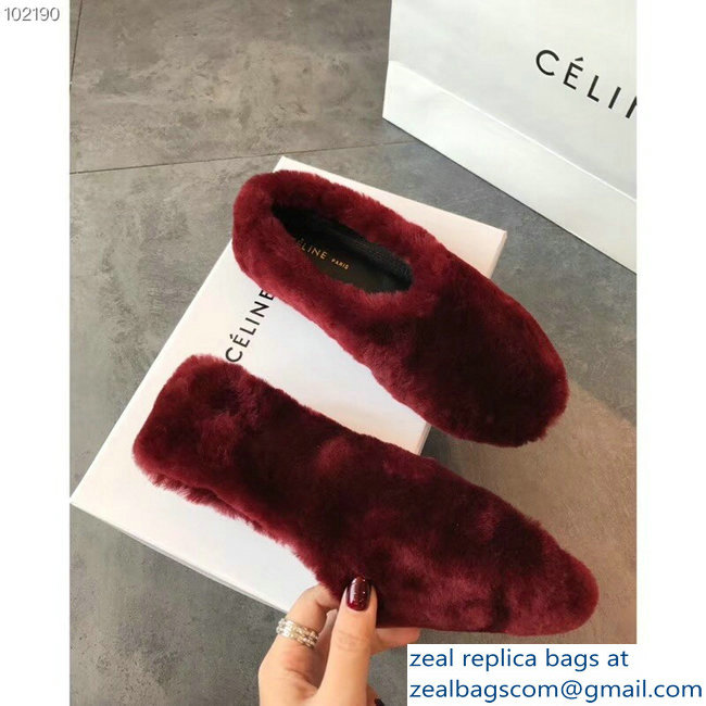 Celine Cosy Slipper Flats In Shearling Burgundy 2018 - Click Image to Close