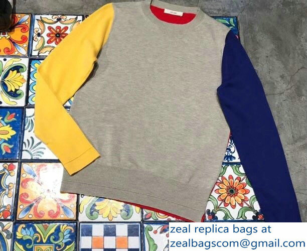 Celine Crew Neck Sweater Gray/Red/Yellow/Blue In Colour Block Wool 2018
