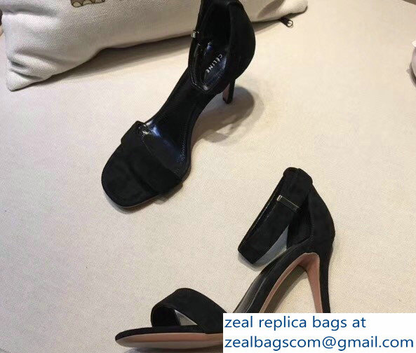 Celine Heel 7.5cm Ankle Strap Sandals Suede Black 2018