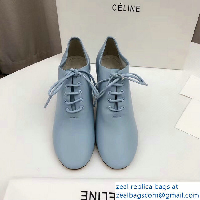 Celine Heel 7.5cm Soft Dance Lace-Up Loafers In Nappa Lambskin Baby Blue 2018