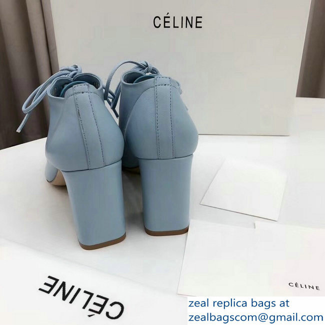 Celine Heel 7.5cm Soft Dance Lace-Up Loafers In Nappa Lambskin Baby Blue 2018