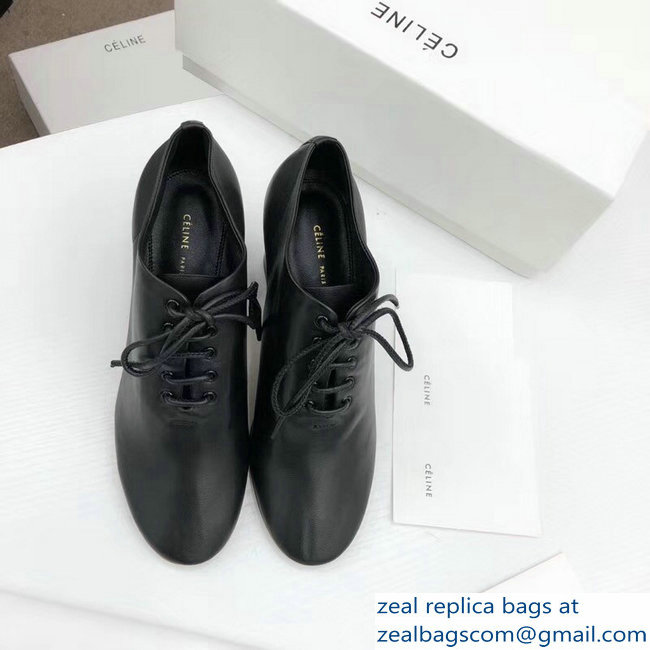 Celine Heel 7.5cm Soft Dance Lace-Up Loafers In Nappa Lambskin Black 2018 - Click Image to Close