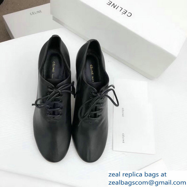 Celine Heel 7.5cm Soft Dance Lace-Up Loafers In Nappa Lambskin Black 2018