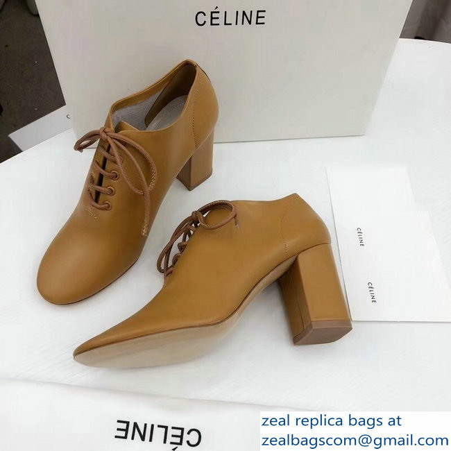 Celine Heel 7.5cm Soft Dance Lace-Up Loafers In Nappa Lambskin Brown 2018