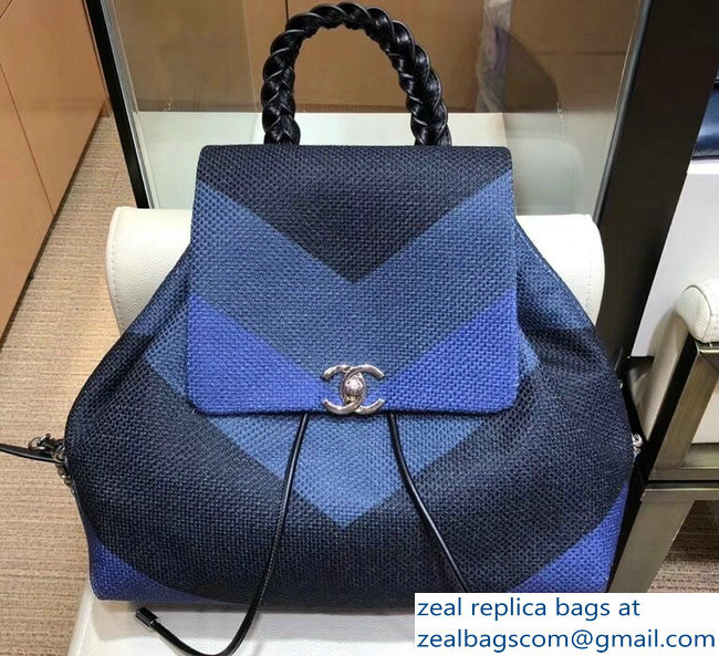 Chanel Braided Handle Chevron Canvas Backpack Bag A95104 Blue 2018