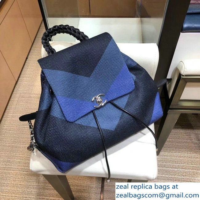 Chanel Braided Handle Chevron Canvas Backpack Bag A95104 Blue 2018